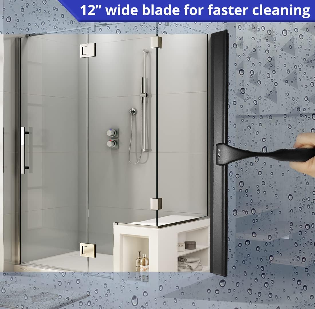 HOME SO Shower Squeegee for Glass Doors – Stainless Steel Squeegee with Adhesive Hooks - Window, Floor & Car Squeegee, Multi-Purpose Bathroom, Mirror & Tile Cleaner - Bathroom Essentials - Black 12"