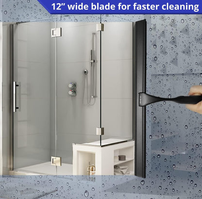 HOME SO Shower Squeegee for Glass Doors – Stainless Steel Squeegee with Adhesive Hooks - Window, Floor & Car Squeegee, Multi-Purpose Bathroom, Mirror & Tile Cleaner - Bathroom Essentials - Black 12"