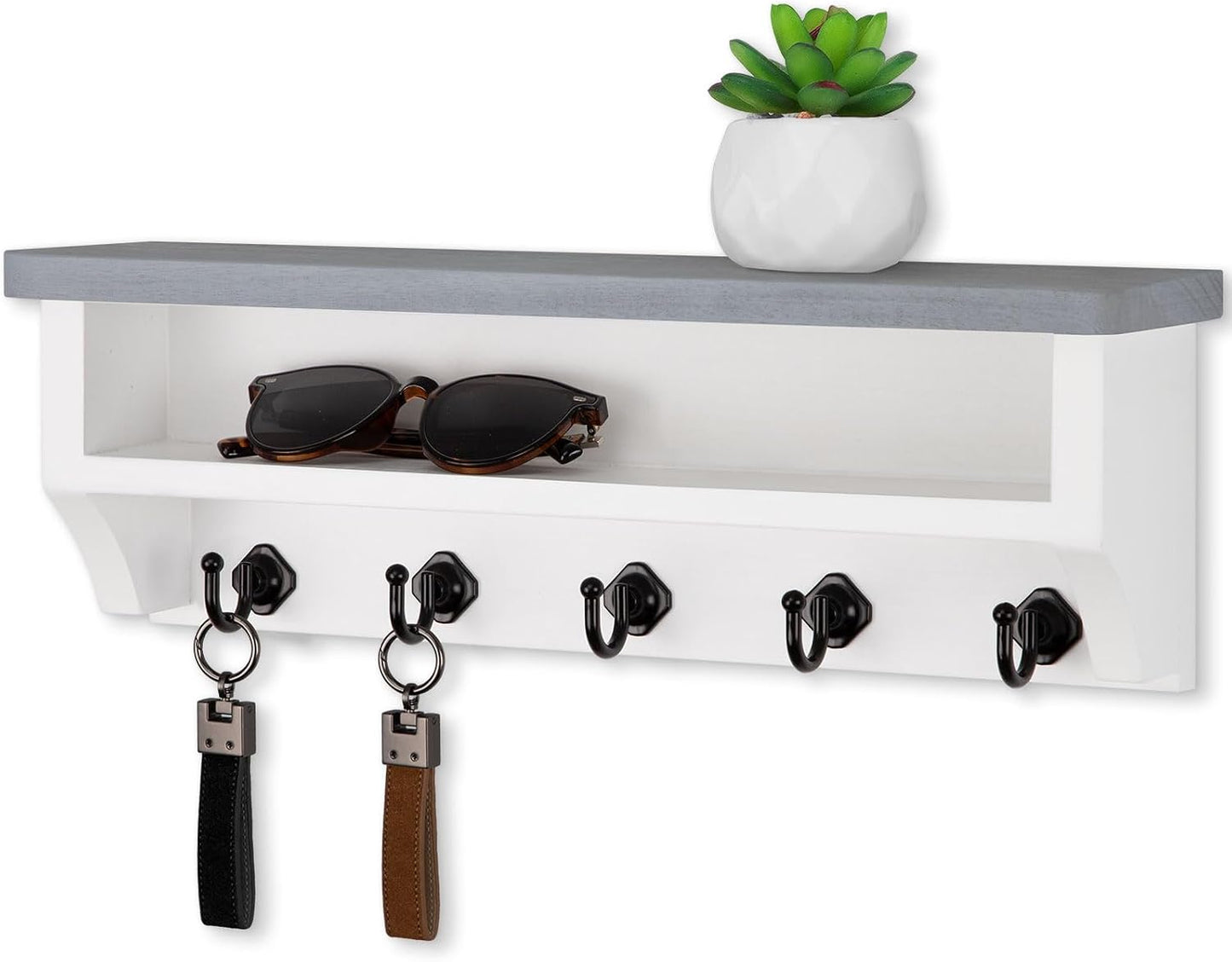 Nekon Key Holder Wall Mount, Wall Organizer Shelf with 5 Key Hooks, Room Decor for Home and Apartment Essentials, White