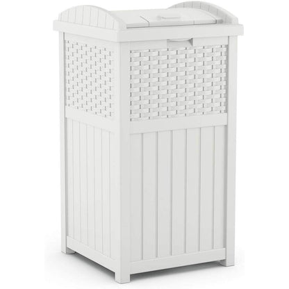 Suncast 33 Gallon Commercial Outdoor Trashcan Hideaway with Lid for 30 to 33 Gallon Trash Bags for Garage, Backyard, or Garden, Brown