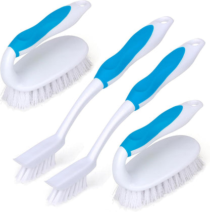 Scrub Brush Set, 4 Pack Deep Cleaning Brush Kit - 2 Scrub Brush, 2 Tile & Grout Brush with Built-in Scraper, Household Commercial Scrubber for Floor, Shower, Pool Wall, Tub (Green)