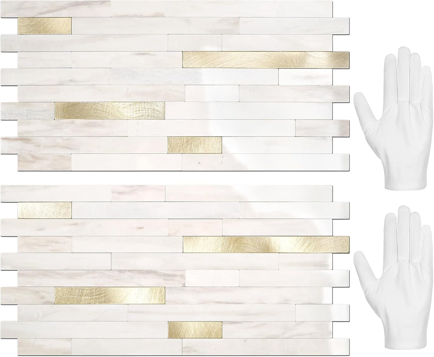 STICKGOO 20 Sheets Peel and Stick Backsplash Tile, Stick on Backsplash for Kitchen and Bathroom, White Sandstone Look PVC Mixed Metal Gold Self Adhesive Wall Tiles