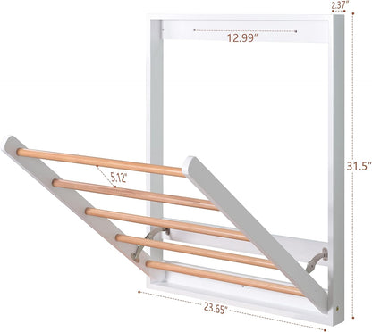 Wooden Wall Mounted Clothes Drying Rack for Laundry Room,White | Solid Wood Crossbar|Space-Saving Design|Easy Installation|Wall-mounted Pull-down Folding Design