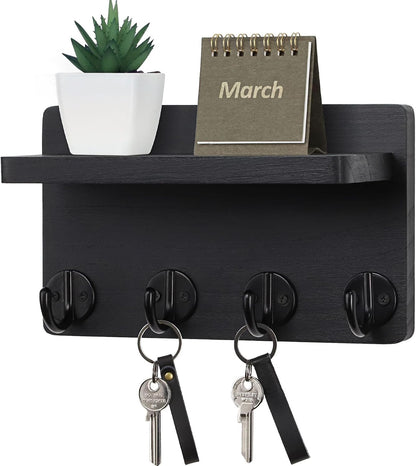 Nekon Key Holder Wall Mount, 8.5 Inch Small Home Decor Wooden Wall Organizer with 4 Hooks and Shelf, Wall Decor for Living Room Entryway Kitchen (Brown)