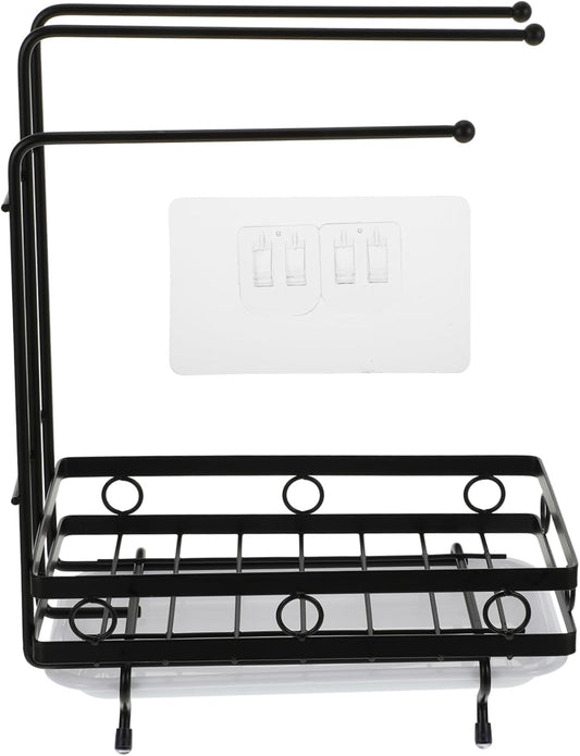 Amosfun Kitchen Storage Rack Drainage Holder Black 3-Rod Wall-Mounted and Desktop Sponge Rag Shelf for Dishcloths and Cleaning Supplies
