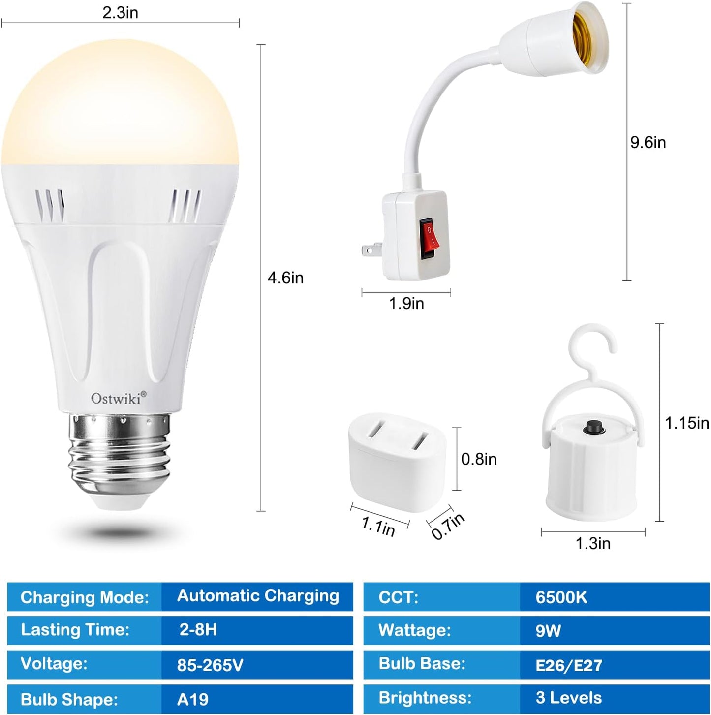 Ostwiki Rechargeable Light Bulbs,2 Pack Emergenecy Light Bulbs for Power Outage A19 E26 9W 6500K White Battery Backup Soft Light Bulb for Lamps Home Power Failure Hurricane,Blizzard
