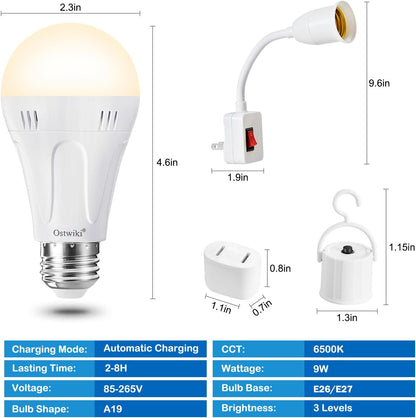 Ostwiki Rechargeable Light Bulbs,2 Pack Emergenecy Light Bulbs for Power Outage A19 E26 9W 6500K White Battery Backup Soft Light Bulb for Lamps Home Power Failure Hurricane,Blizzard