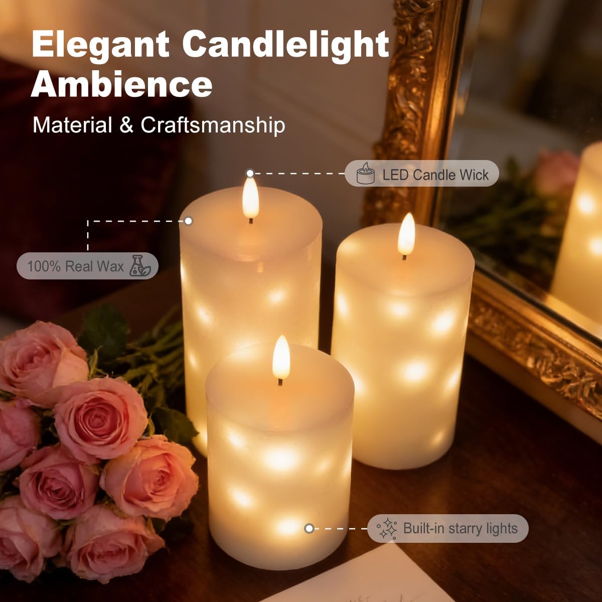 LEDHOLYT Rechargeable Flameless Glass Pillar Candles–Gifts for Women,–Set of 3, Realistic Flickering LED Light,Remote & Timer, Ideal for Living Room, Bedroom & Festival Wedding Home Party Decor