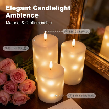LEDHOLYT Rechargeable Flameless Glass Pillar Candles–Gifts for Women,–Set of 3, Realistic Flickering LED Light,Remote & Timer, Ideal for Living Room, Bedroom & Festival Wedding Home Party Decor