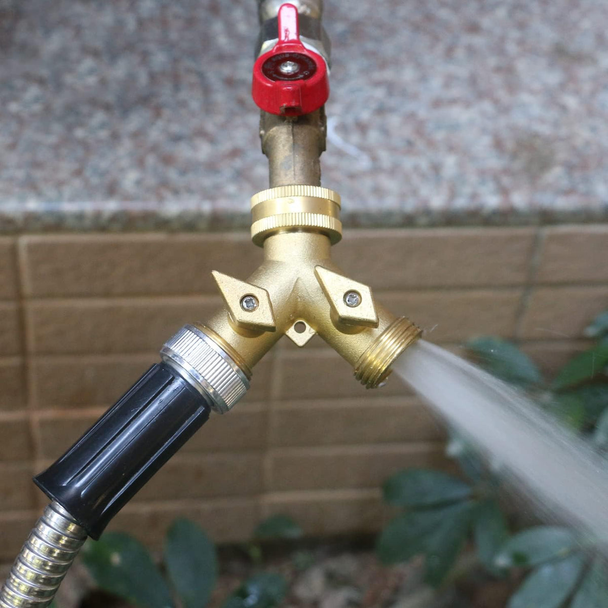 STYDDI Garden Hose Splitter 2 Way Heavy Duty, Solid Brass 2-Way Water Hose Splitter, Outdoor Faucet Spigot Splitter Two Way Connector, Y Valve Garden Tap Hose Adapter with 3 Hose Washers