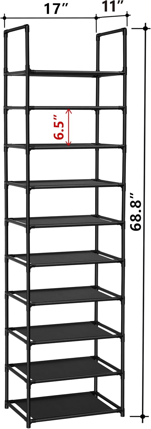 FIDUCIAL HOME 10 Tiers Shoe Rack Organizer 20 Pairs Tall Shoe Shelf | Tall Narrow Space Saving for Closet Entryway Dorm, Easy to Assemble, 17"L x 11"W x 68.8"H, Black