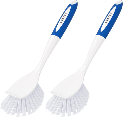 Amazer Dish Brush with Handle, 2 Pack Kitchen Scrub Brushes for Cleaning, Dish Scrubber with Stiff Bristles for Sink, Pots, Pans