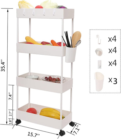 4 Tier Slim Rolling Utility Kitchen Cart Bathroom Organizer for Narrow Places Multipurpose Storage Shelve Mobile Trolley for Bedroom Laundry Office Restaurant Garage Pantry (Black)