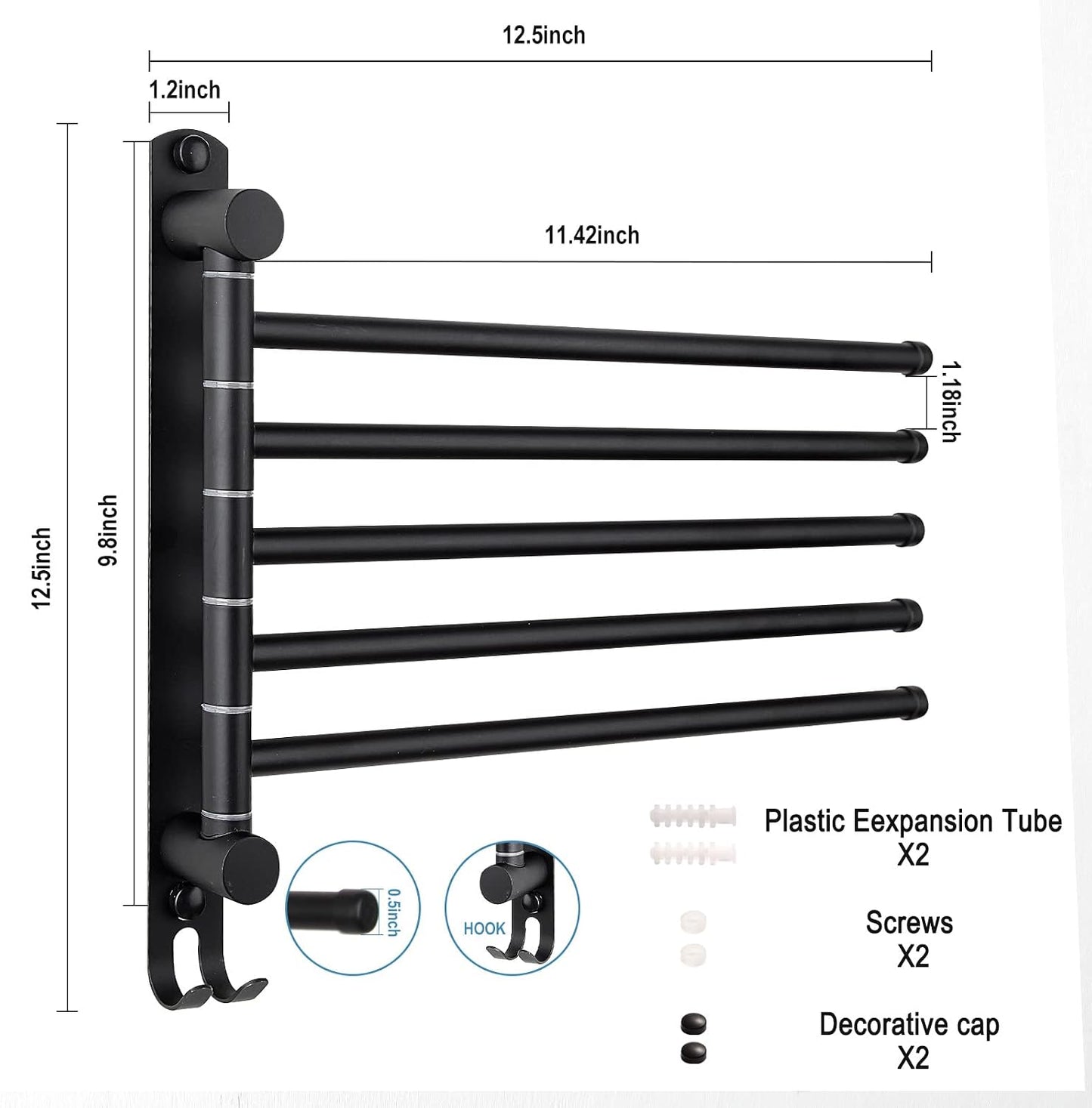 5-Arm Swivel Towel Rack - 180° Rotating Wall Mounted, 304 Stainless Steel Rustproof, Heavy Duty Bathroom Accessories, Space Saving Towel Organizer for Bathroom Kitchen Laundry - Pearl White