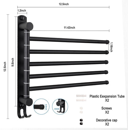 5-Arm Swivel Towel Rack - 180° Rotating Wall Mounted, 304 Stainless Steel Rustproof, Heavy Duty Bathroom Accessories, Space Saving Towel Organizer for Bathroom Kitchen Laundry - Pearl White