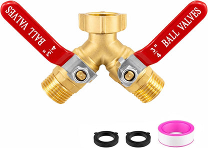 Garden Hose Splitter, 304 Stainless Steel 2 Way Hose Splitter with Long Handle, Heavy Duty Hose Y Spigot Splitter with Shutoff Valves, 3/4" GHT Thread Outdoor Faucet Splitter
