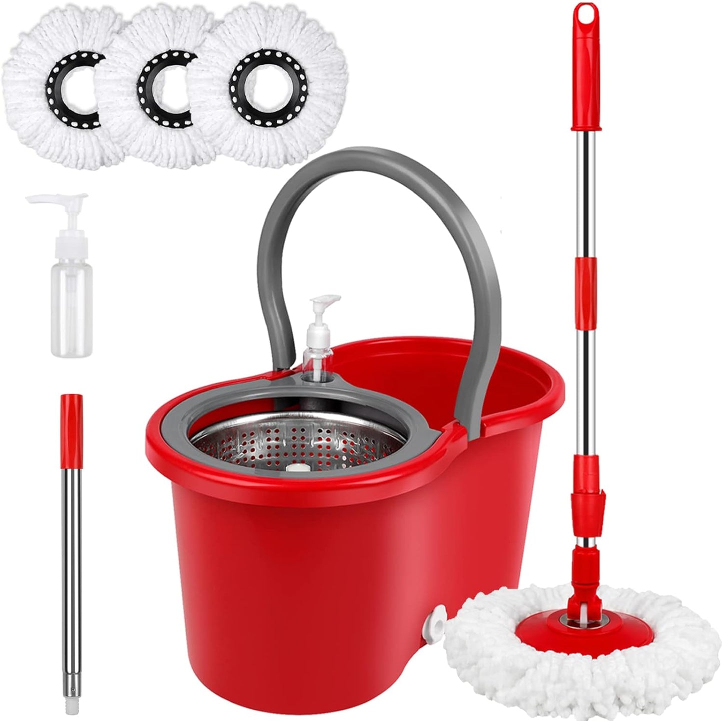 Spin Mop and Bucket with Wringer Set, 360° Spinning Mop Bucket System with 3 Microfiber Mop Replacement Heads, Adjustable Handle for Floor Cleaning (Green)