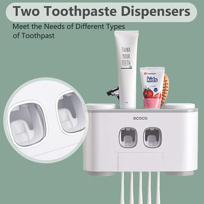Toothbrush Holders with Toothpaste Dispenser Wall Mounted for Bathroom-4 Cups Automatic Electric Tooth Pastetooth Squeezer-Bathroom Organizer Storage Accessories Set for Kids with 5 Toothbrush Slots