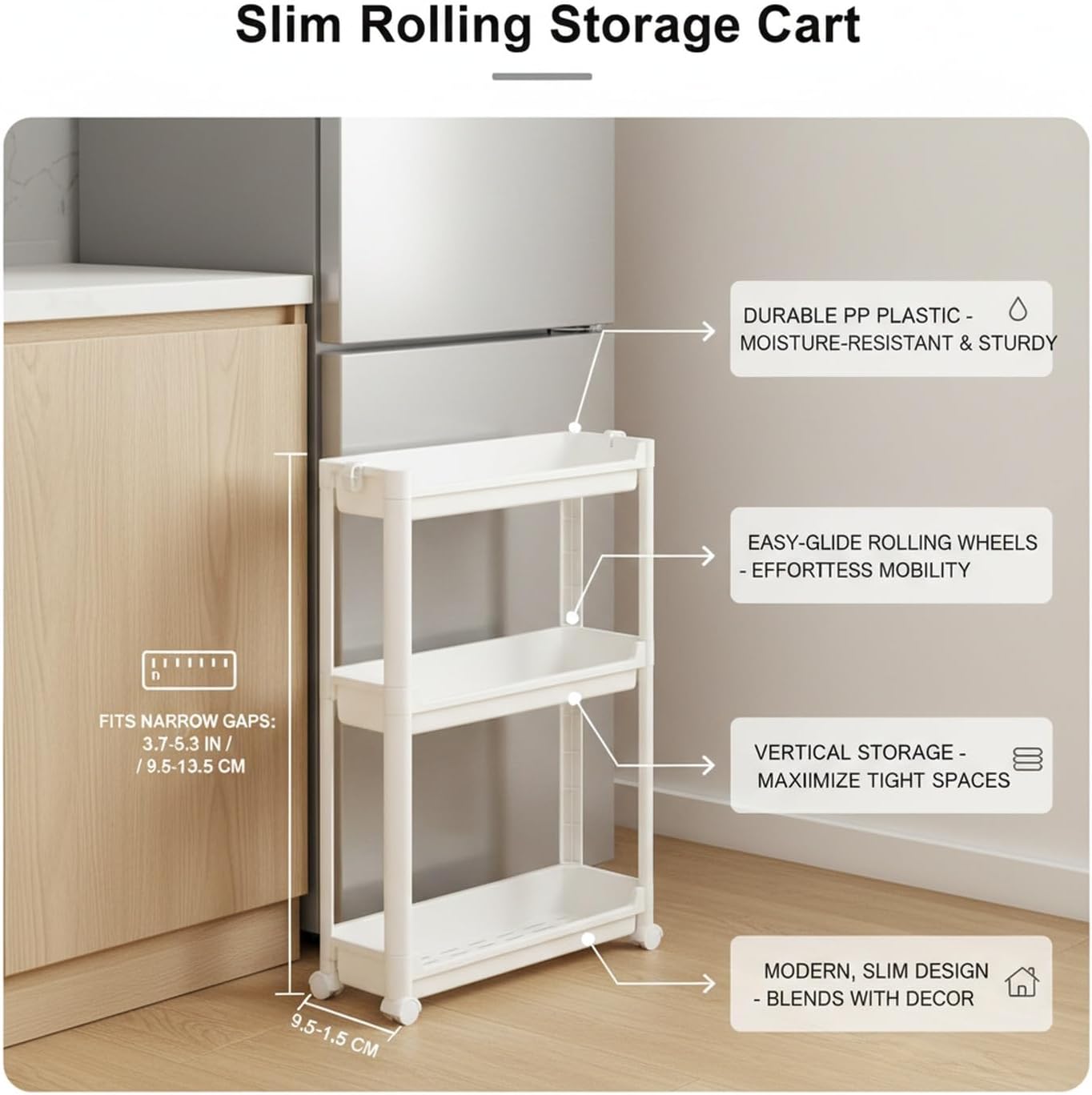 Slim Rolling Storage Cart, White | Plastic Utility Organizer, With Wheels, For Narrow Gaps, Kitchen and Bathroom