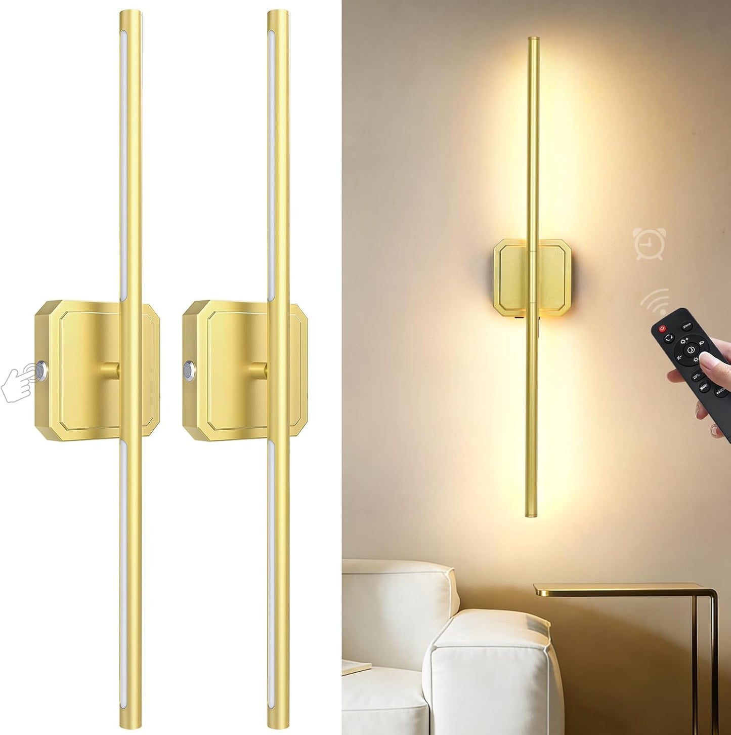 Battery Operated Wall Sconces Set of 2, 𝐔𝐩𝐠𝐫𝐚𝐝𝐞𝐝 Rechargeable Wall Lights with Remote Control, LED Wall Sconces Black, 3000K-6000K Dimmable 360° Rotatable for Living Room, Bedroom, 28''
