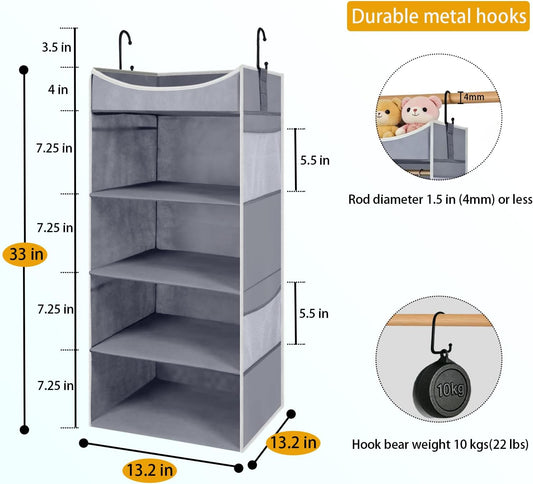 4-Shelf Hanging Closet Organizer and Storage with 4 Side Pockets, Collapsible Closet Hanging Shelves for Storage, Grey