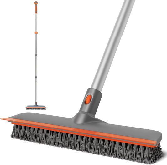 Eazer 2-in-1 Floor Scrub Brush with Long Handle, Soft/Hard Bristle Concrete Deck Brush with Squeegee, Garage Floor Cleaner for Tile/Concrete, Indoor/Outdoor Kitchen Bathroom Pool Deck -12" W/60 H