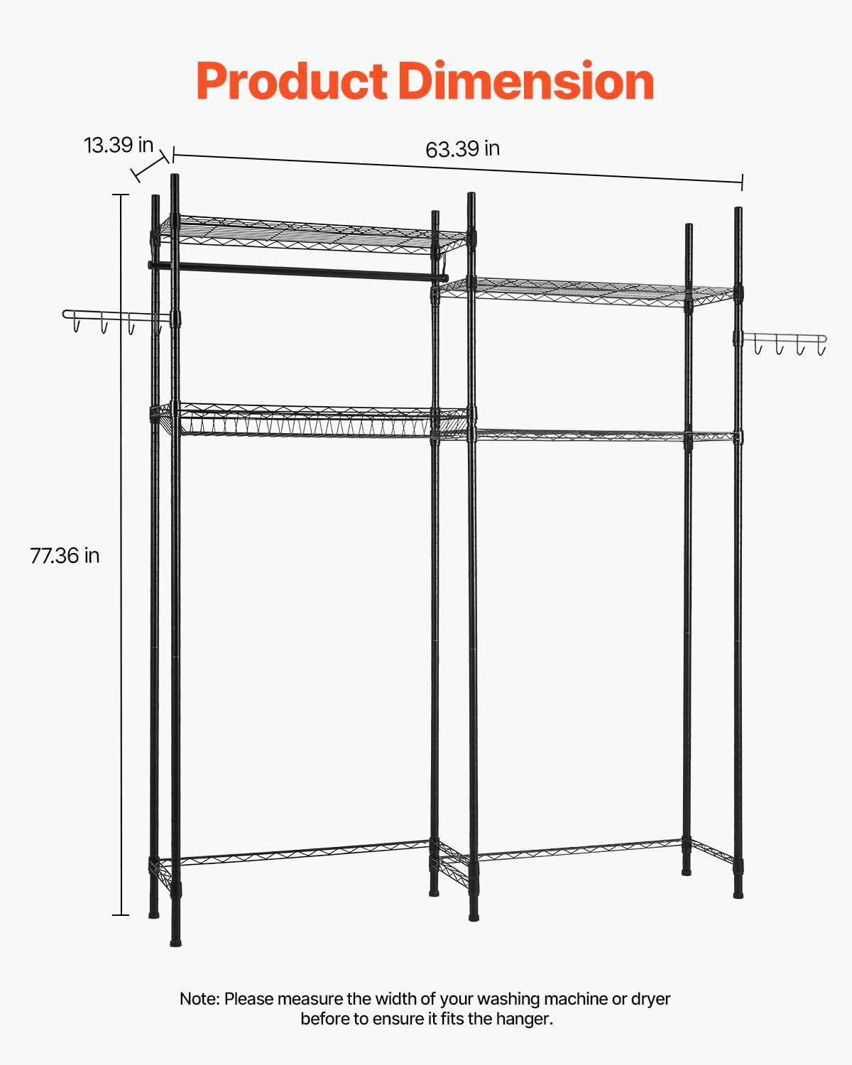 VEVOR Over The Washer and Dryer Storage Shelf, 3 Tier Laundry Room Drying Rack with Hanger Rod and Hooks, Adjustable Over Washer and Dryer Shelves, Laundry Room Shelf Storage Space Saver, Black
