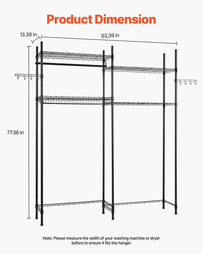 VEVOR Over The Washer and Dryer Storage Shelf, 3 Tier Laundry Room Drying Rack with Hanger Rod and Hooks, Adjustable Over Washer and Dryer Shelves, Laundry Room Shelf Storage Space Saver, Black