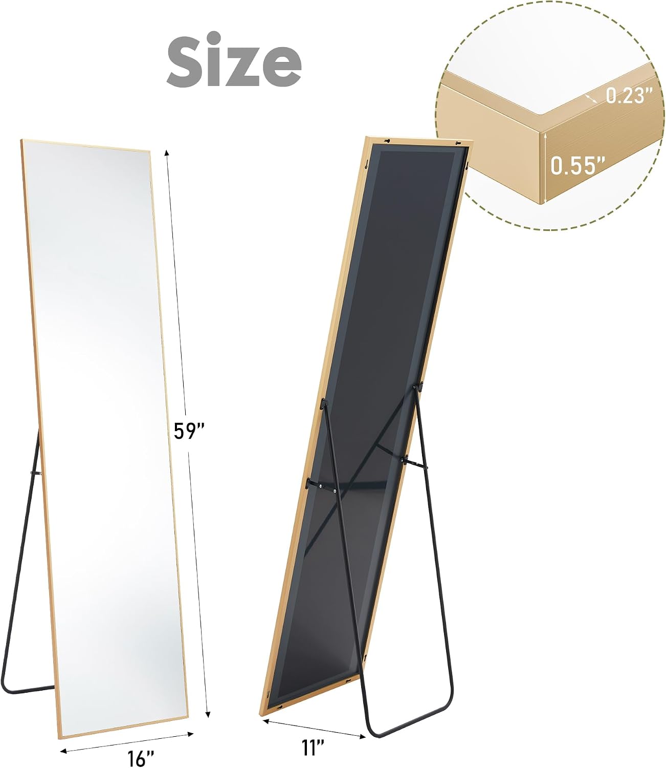 DUMOS 64"x21" Arched Full Length Floor Mirror, Full Body Mirror with Stand, Shatterproof Tempered Glass, Modern Aluminum Alloy Frame, Free Standing or Leaning for Home Decor, Gold
