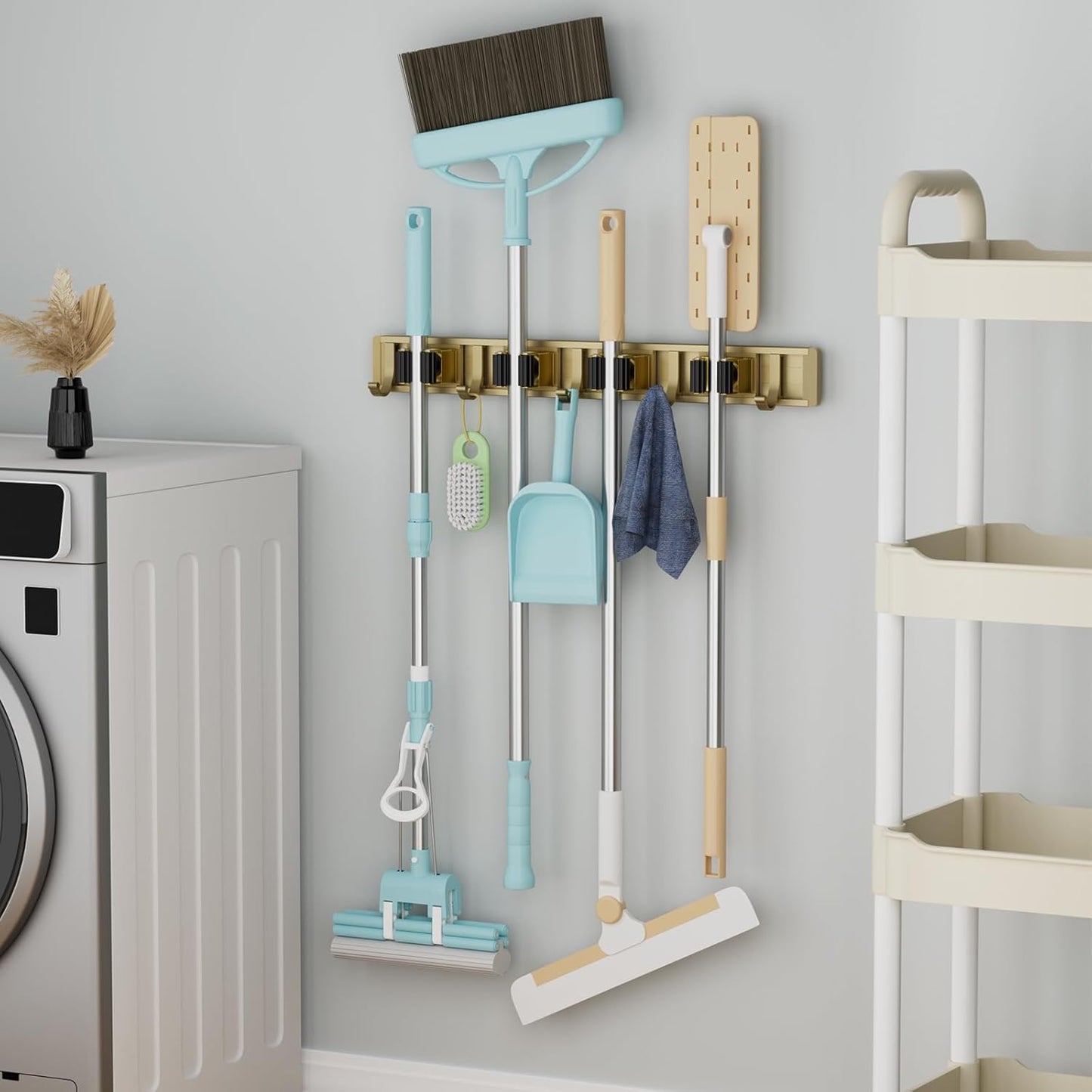 reliahom Broom Holder Wall Mount Mop Hanger Tools organizer 4Racks 5Hooks | Adjustable Mop Broom Wall Hanging Heavy duty Tools Storage Rack Space-saving for Garage,Kitchen,Laundry Room,Garden, Silver