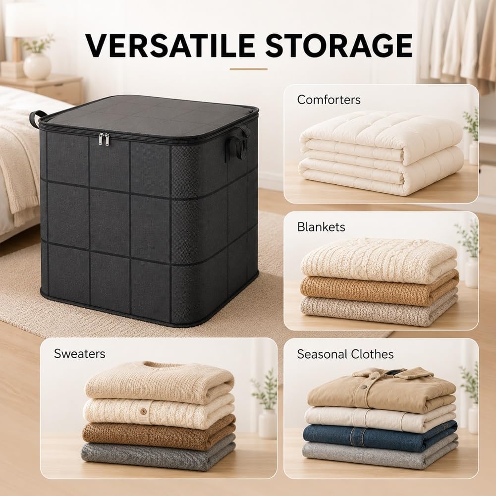 Spacious Moving Storage Bin Blanket Storage Bags with Zipper and Handles Large Foldable Bedding Winter Clothes Quilts Comforter Sweaters Organizer Machine Washable Capacity Fabric