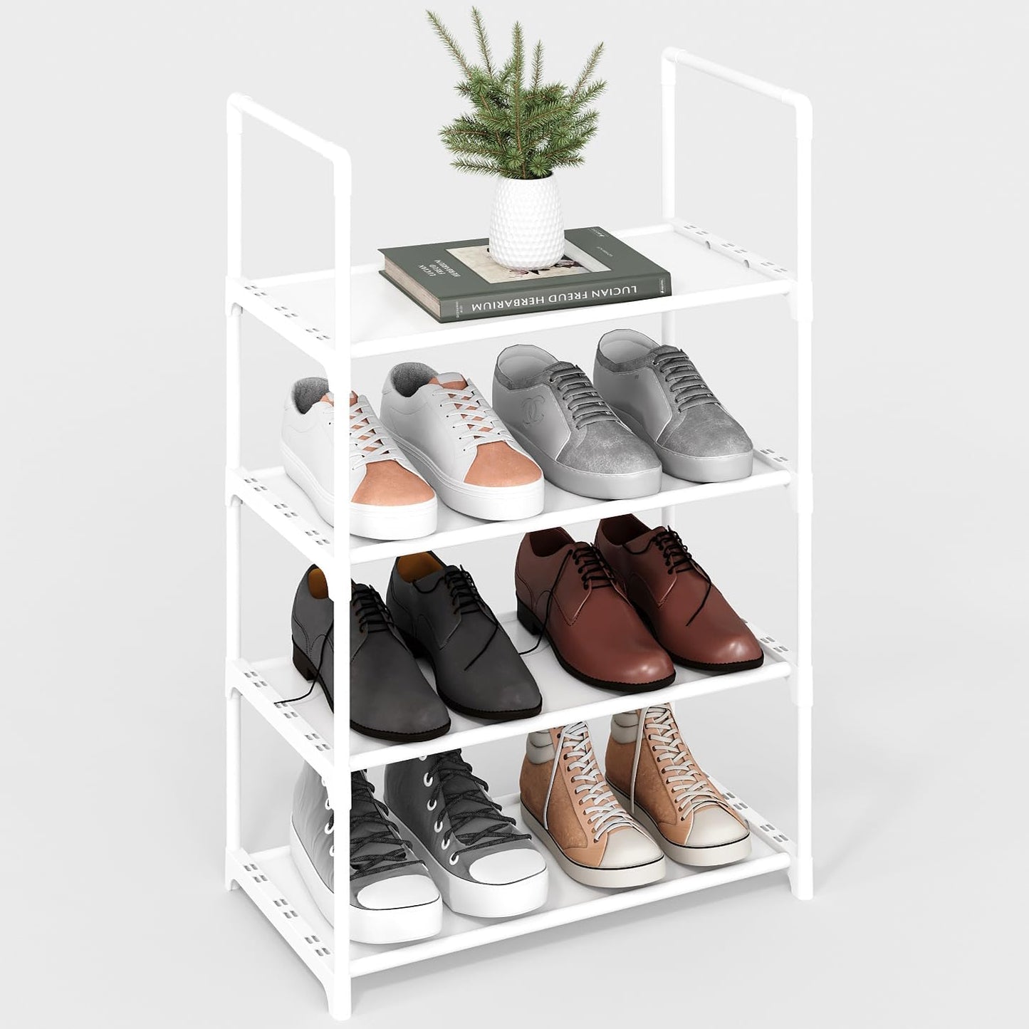 Upgrade Stackable Small Shoe Rack, 4-Tier Shoe Shelf Storage Organizer with Handle for Entryway, Hallway and Closet (Black)