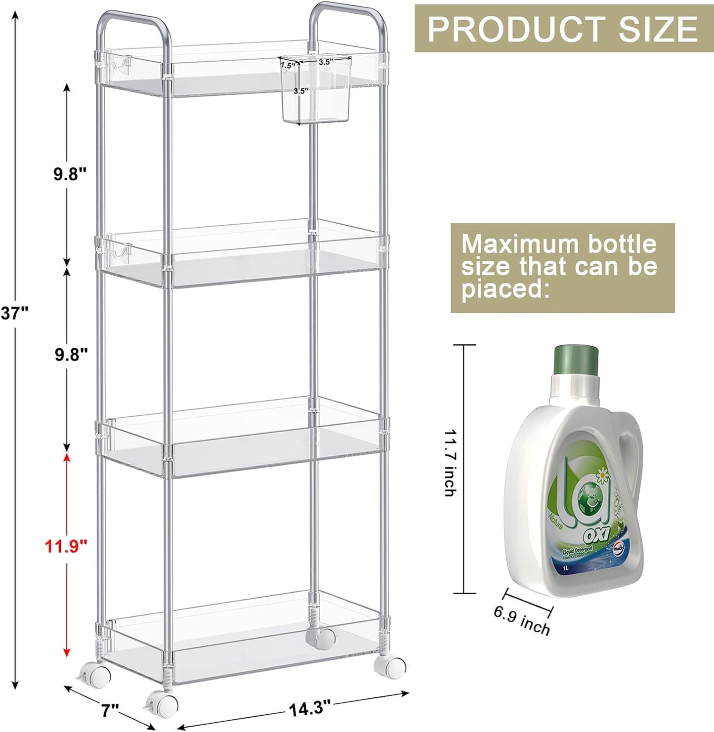 SPACEKEEPER 3 Tier Acrylic Storage Rolling Cart Clear Bathroom Cart Organizer, Transparency Laundry Room Organization Mobile Shelving Unit Multifunction Rolling Utility Cart for Office Living Room