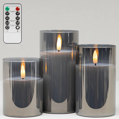 Blue Flameless Candles with Remote, Real Wax Glass Battery Operated Candles with Timer, LED Pillar Candle for Bedroom Home Wedding Birthday Party Fall Halloween Christmas Decorations, Set of 3