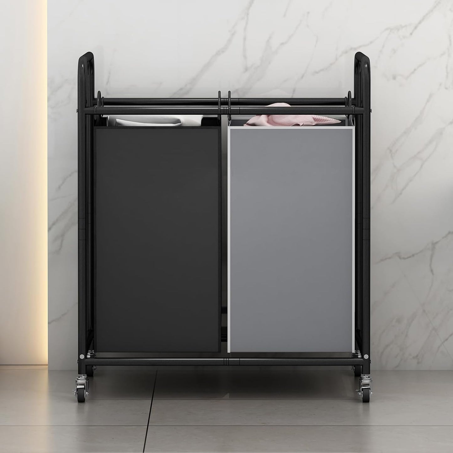 SUOERNUO Laundry Sorter Basket 2 Bag Laundry Hamper Cart with Rolling Lockable Wheels and Removable Bags Laundry Organizer Cart for Clothes Storage, Assorted