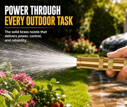 Morvat Solid Brass Metal Twist Garden Hose Nozzle, Heavy Duty Adjustable Pressure Spray Attachment, High Power Water Jet Sprayer with 4 Holes & ¾” Standard Threading, Includes 2 Extra Rubber Washers