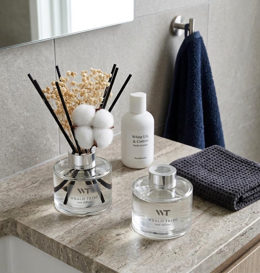 Flower Reed Diffuser Set Wild Eucalyptus Mint Scent for Bathroom Accessories Shelf Decor & Air Fresheners, Sticks Defusers with 5.1 fl oz Essential Oils & Leaves, House Bedroom Office Decor & Gifts