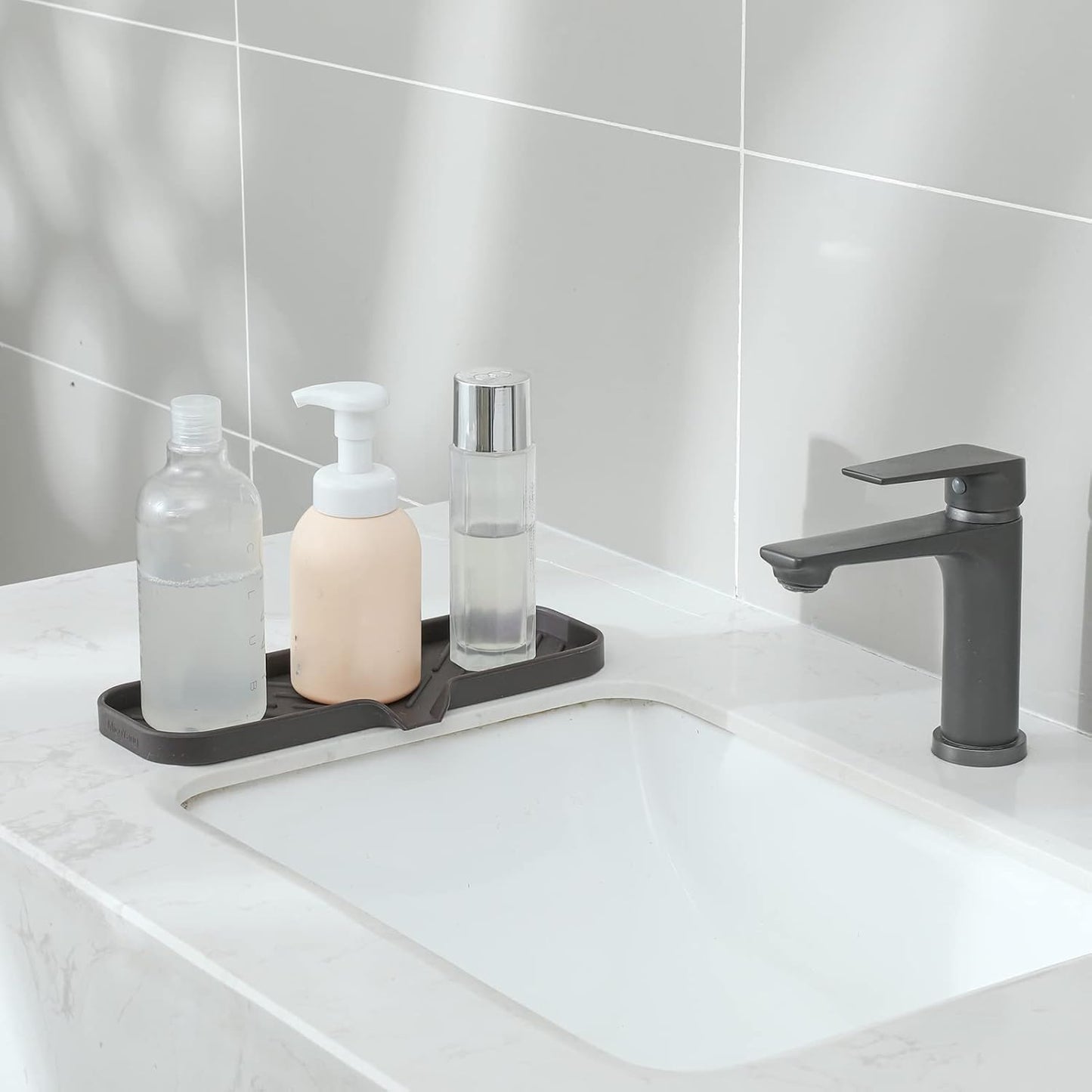 MicoYang Silicone Bathroom Soap Dishes with Drain Spout-Bathroom and Kitchen Sink Organizer,Sponge Holder,Dish Soap Tray,Perfect for Dispenser,Scrubber,Bottle,Cup on Sink or Counter-Coffee 4.9"×3.2"