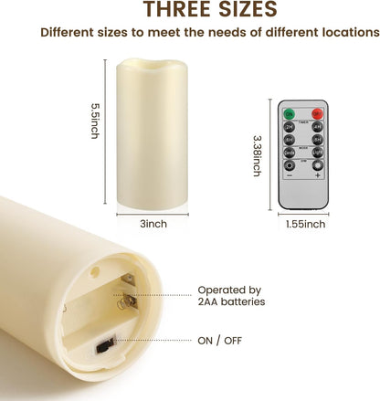 Waterproof Flameless Remote Control Candles 2PACK(D3''*H5.5'')Battery Operated Flickering LED Pillar Candle,plastic with 10-Key 24Hours Timer for Outdoor/Indoor Party Garden Lanterns Porch Ivory