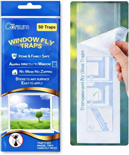 Garsum Window Fly Traps Indoor, Fly Paper Bug Sticky Strips, House Fly Killer Window Decal Non-Toxic，12 Pack