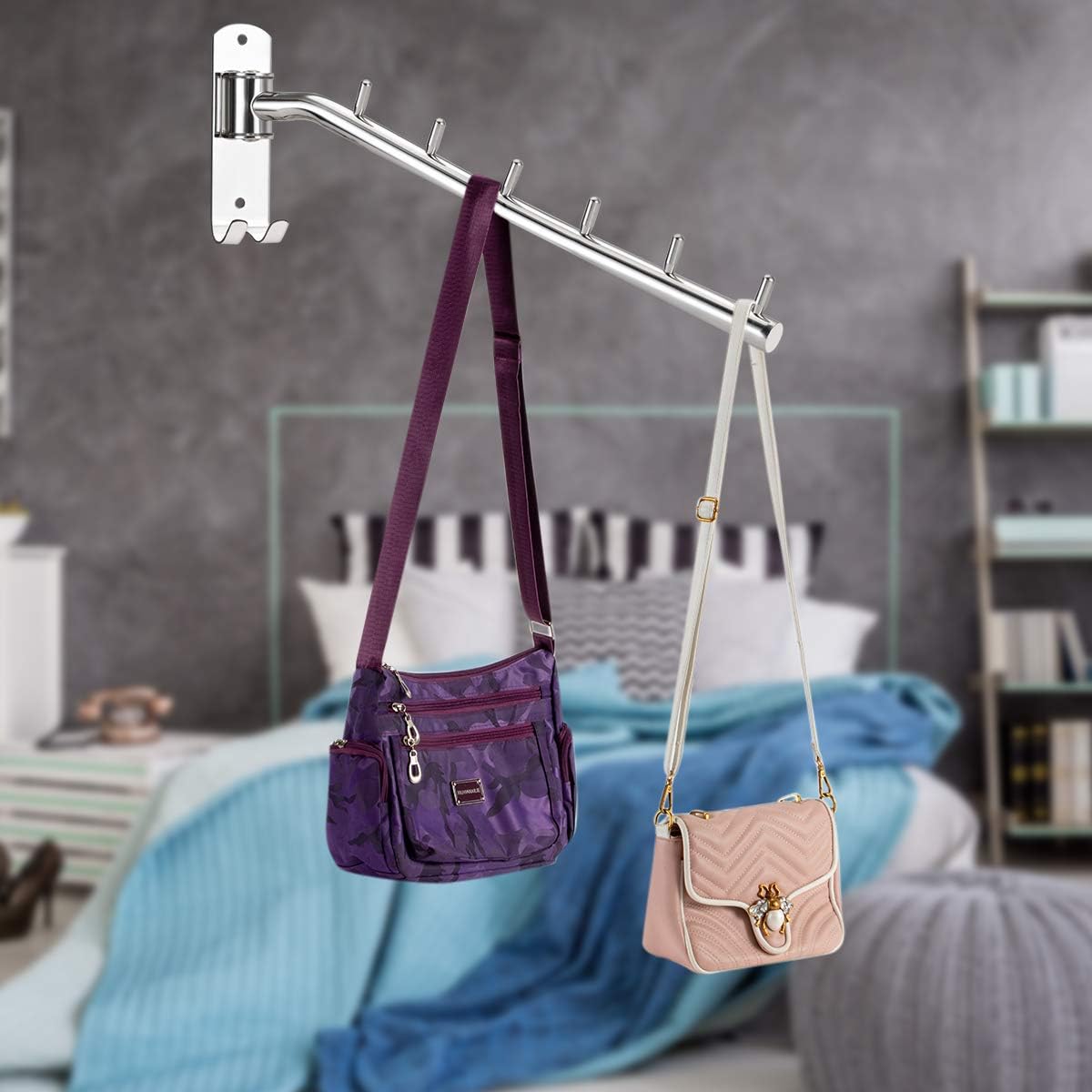 Bosszi 2-Pack Wall Mounted Folding Clothes Hanger Rack, Stainless Steel Clothes Hooks with Swing Arm Holder Space Saving Clothing Hanging System Closet Storage Organizer Heavy Duty Drying Rack (Black)
