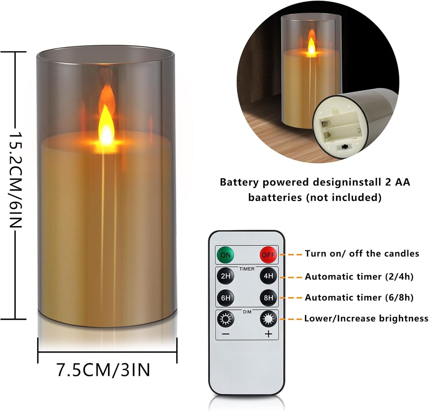 wemarry Flameless Candles 4" 5" 6" Acrylic Glass Pillars 3" Diameter Battery Operated Flickering Candles Include 8-Key Remote with Timer Function 400+ Hours (Amber, Warm Light 3 Pack)