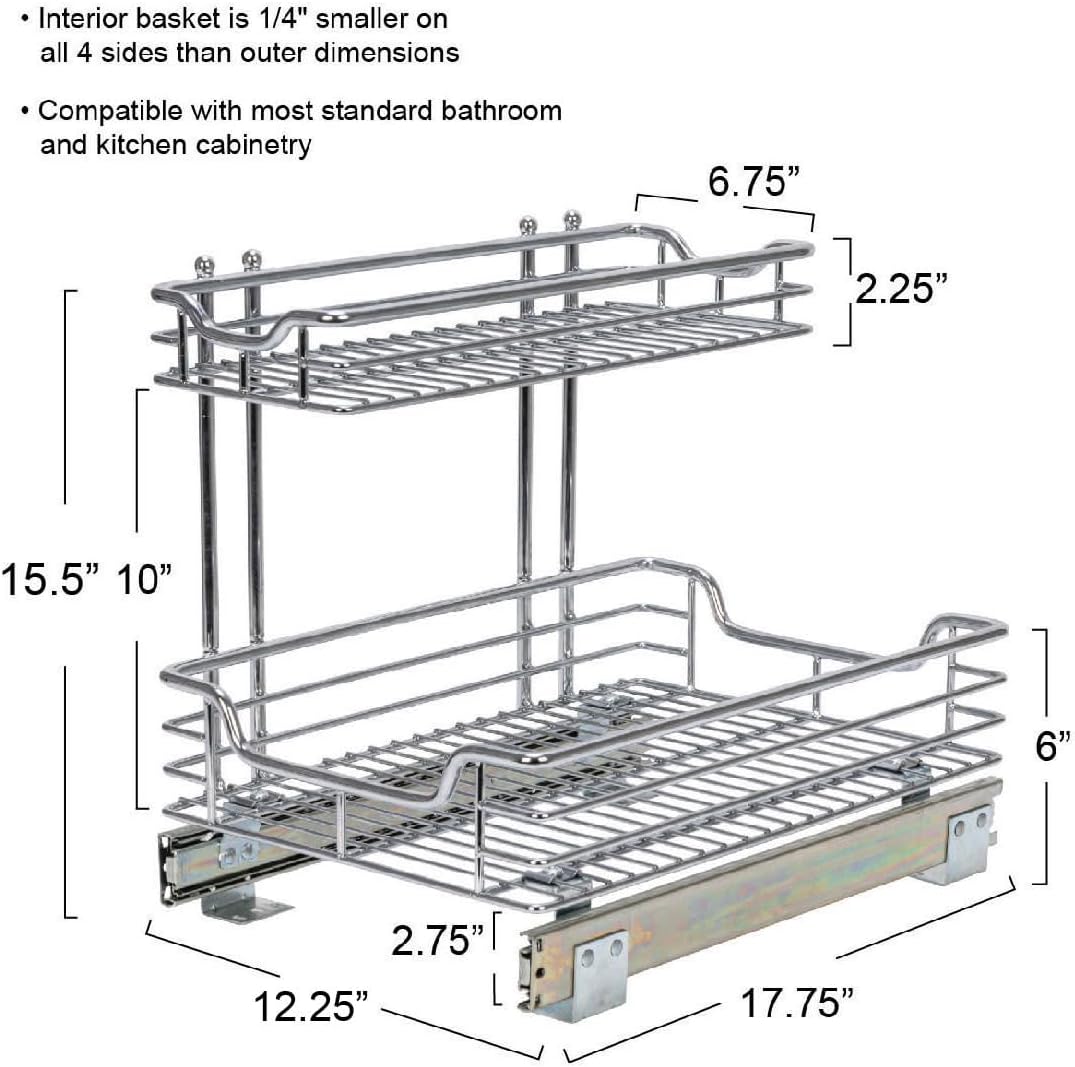 Household Essentials Glidez 2‑Tier Multipurpose Chrome‑Plated Steel Pull‑Out/Slide‑Out Under Sink Organizer, Chrome Finish