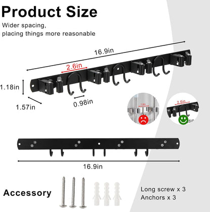 Broom Holder Wall Mount, Stainless Steel Mop Hanger with 4 Slots 6 Hooks, Tool Storage Wall Organizer for Kitchen Garden Garage Laundry Room Bathroom and RV, Black 1-Pack