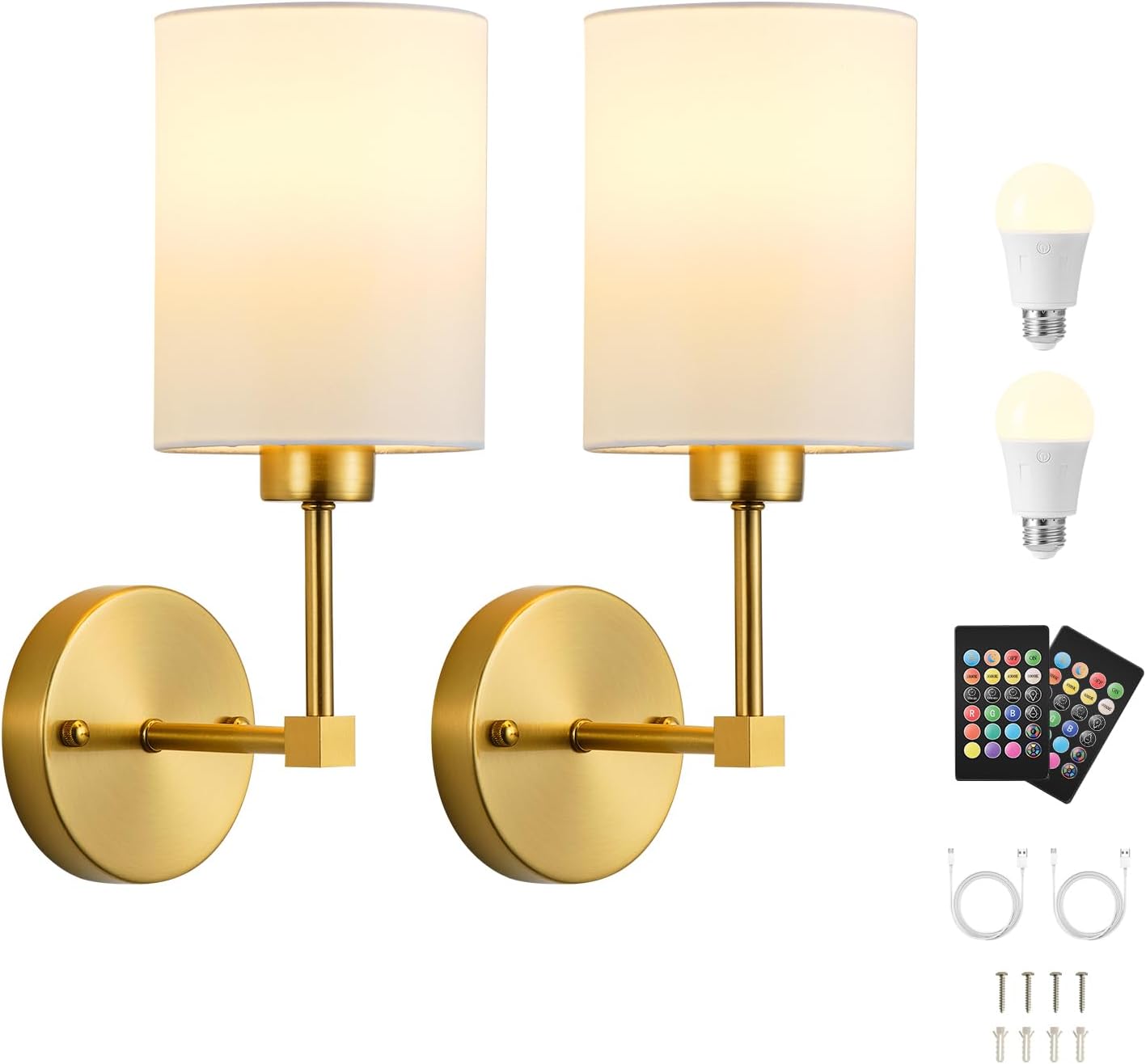 Battery Operated Wall Sconces Set of Two,Wireless Rechargeable Wall Light With Remote Control, Dimmable, Amber Light/Warm White/Natural White/Daylight/RGB, Timer,for Living Room,Bedroom,Entryway,Gold