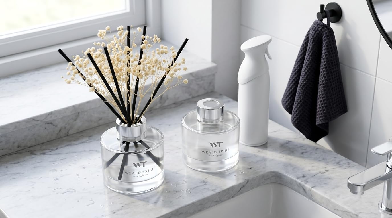 Flower Reed Diffuser Set Wild Eucalyptus Mint Scent for Bathroom Accessories Shelf Decor & Air Fresheners, Sticks Defusers with 5.1 fl oz Essential Oils & Leaves, House Bedroom Office Decor & Gifts