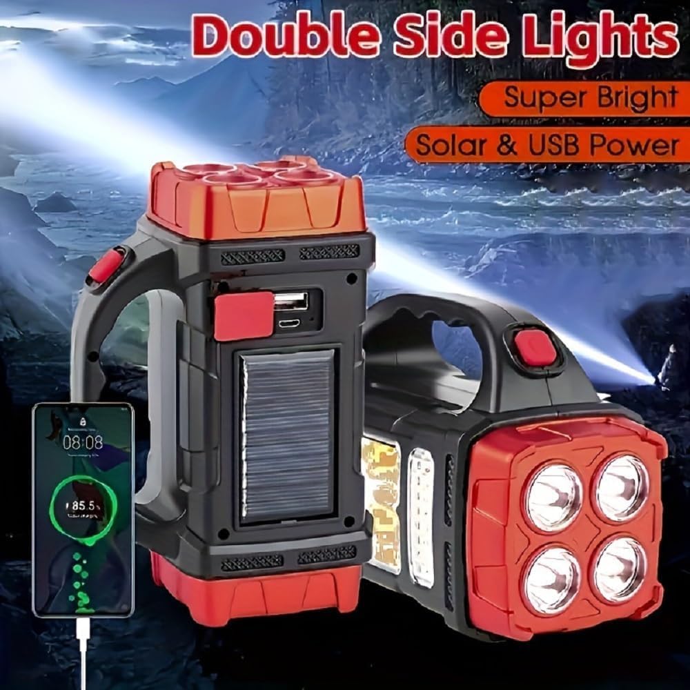 IFTHFOUR High Lumens Solar Flashlight - LED Work Light with USB-C Rechargeable, Waterproof, Multi-Function Flashlight & Lantern for Camping, Emergencies, and Outdoor