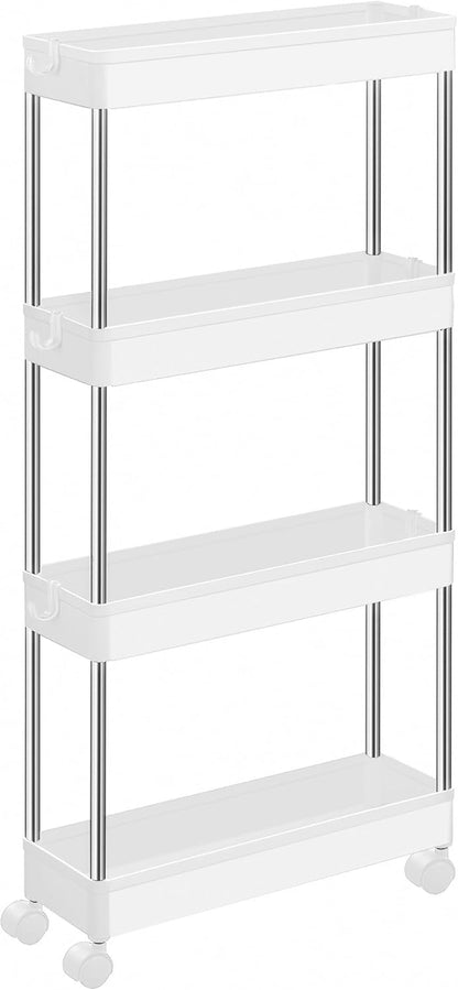 SONGMICS Slim Storage Cart, 4-Tier Rolling Cart, Narrow Utility Cart on Wheels, 6 Hooks, 360° Swivel Wheels, Lockable, Steel Frame, Bathroom, Kitchen, Office, Cloud White UKSC08WT