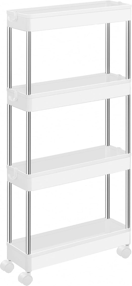 SONGMICS Slim Storage Cart, 4-Tier Rolling Cart, Narrow Utility Cart on Wheels, 6 Hooks, 360° Swivel Wheels, Lockable, Steel Frame, Bathroom, Kitchen, Office, Cloud White UKSC08WT