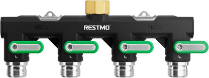 Restmo Garden Hose Splitter, 4 Way Heavy Duty Full Metal Water Spigot Splitter with Shutoff Valve, Outdoor Faucet Spigot Adapter with Extended Levers, 3/4" GHT Thread - Green